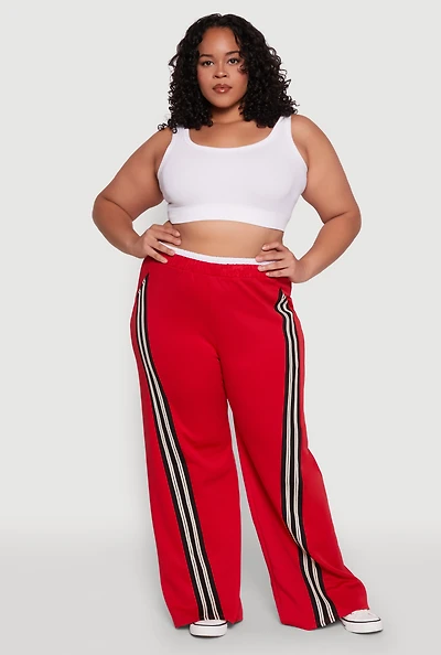 Womens Plus Size Contrast Waistband Stripe Detail Pants, Red, Size 2X