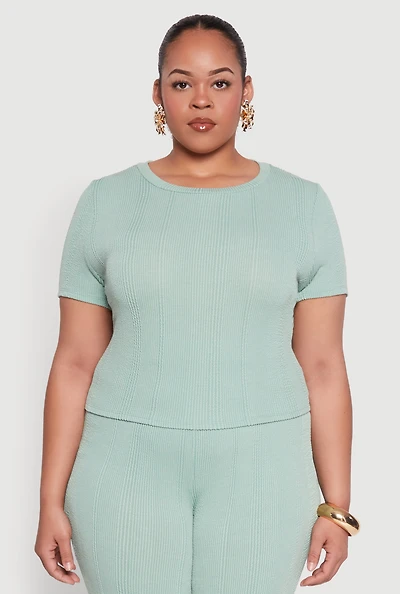 Womens Plus Size Shadow Stripe Crop Top, Green, Size 1X