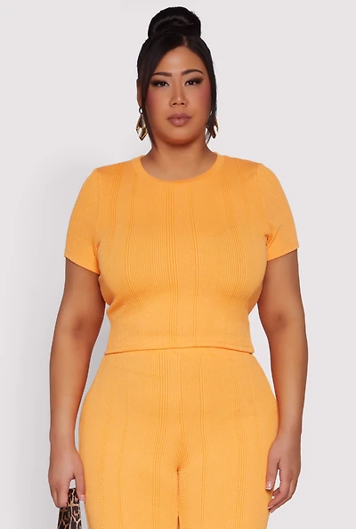 Womens Plus Size Shadow Stripe Crop Top, Orange, Size 1X