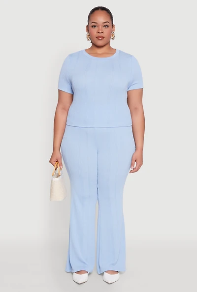 Womens Plus Size Shadow Stripe Flared Pants, Blue, Size 3X