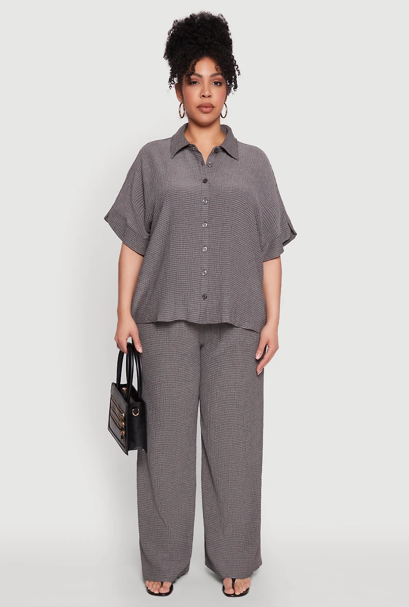 Womens Plus Size Textured Knit Shirt, Grey, Size 1X