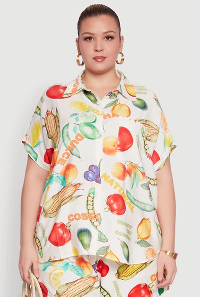 Womens Plus Size Fruit Print Button Front Short Sleeve Shirt, Multi, Size 3X