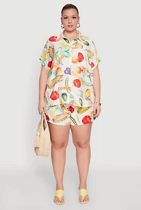 Womens Plus Size Fruit Print Button Front Short Sleeve Shirt, Multi, Size 2X
