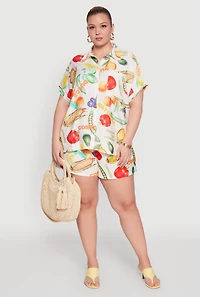 Womens Plus Size Fruit Print Button Front Short Sleeve Shirt, Multi, Size 2X