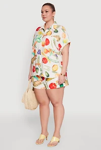 Womens Plus Size Fruit Print Button Front Short Sleeve Shirt, Multi, Size 2X
