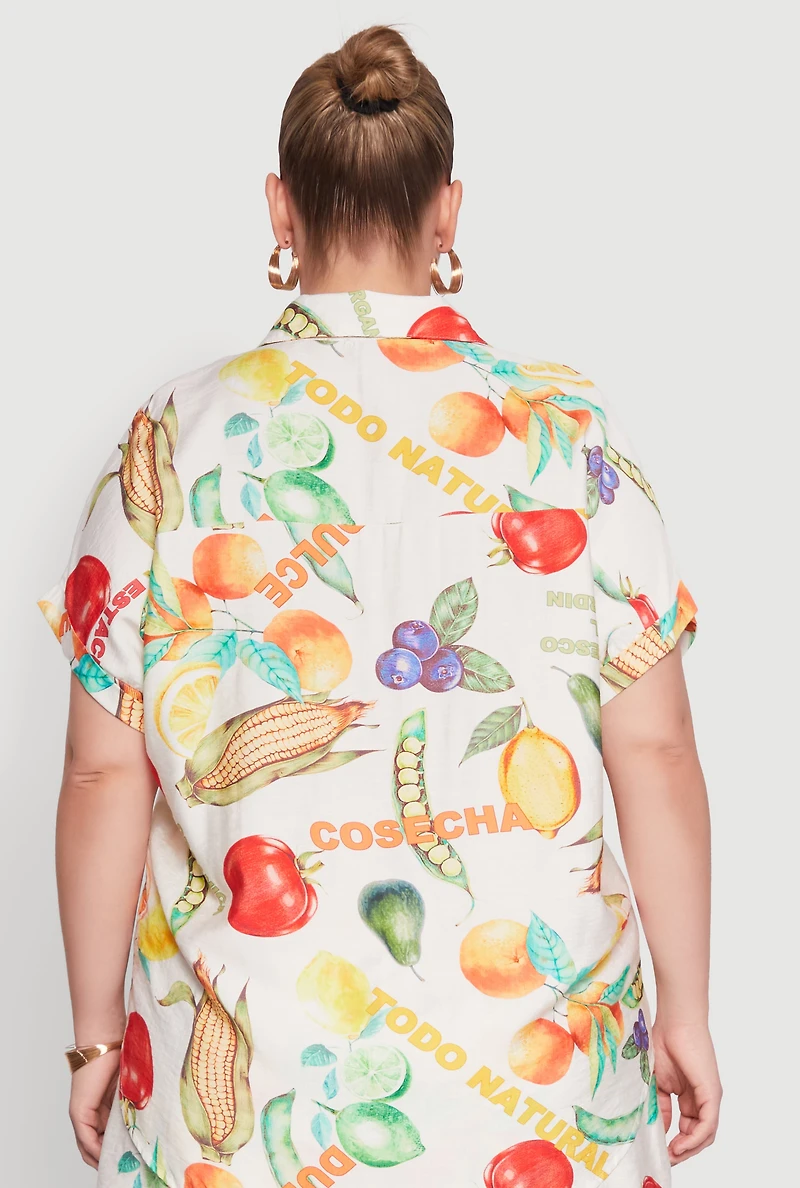Womens Plus Size Fruit Print Button Front Short Sleeve Shirt, Multi, Size 2X