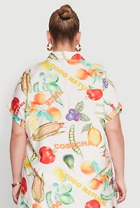 Womens Plus Size Fruit Print Button Front Short Sleeve Shirt, Multi, Size 2X