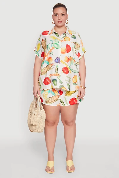 Womens Plus Size Fruit Print Shorts, Multi, Size 2X