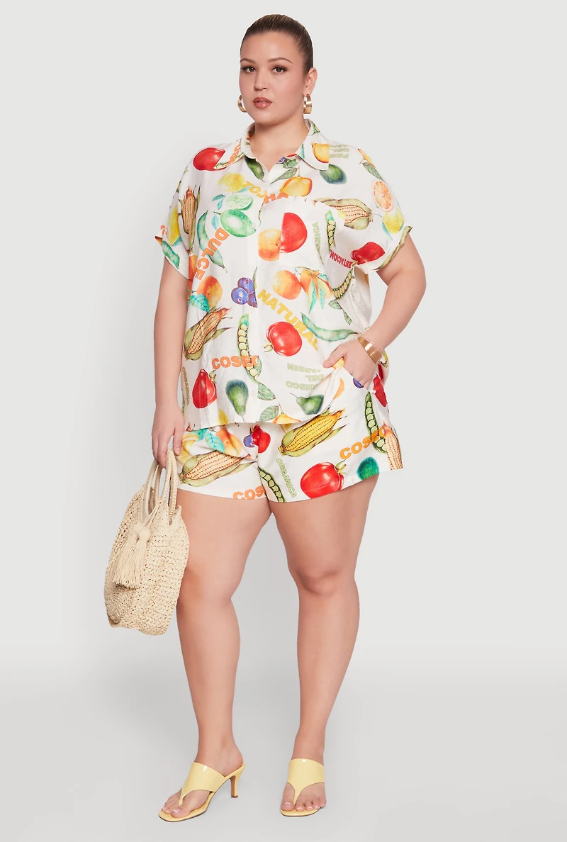 Womens Plus Size Fruit Print Shorts, Multi, Size 2X