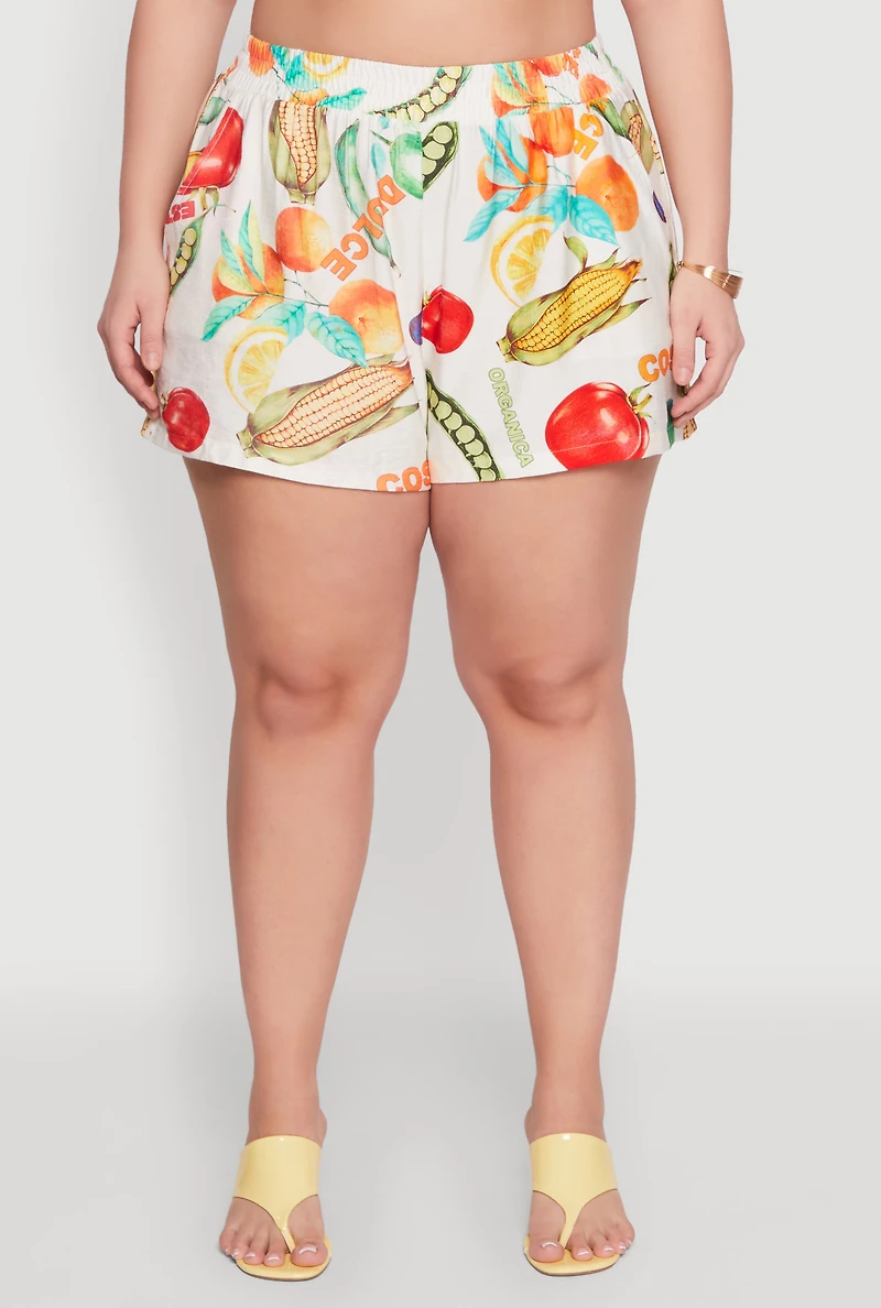 Womens Plus Size Fruit Print Shorts, Multi, Size 2X