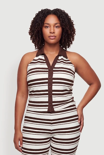 Plus Striped Button Front Halter Top