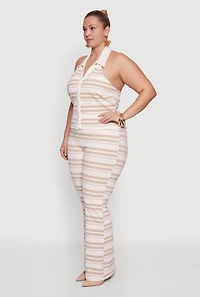 Plus Striped Button Front Halter Top