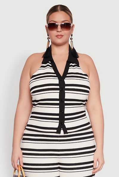 Womens Plus Size Striped Sleeveless Blouse with Halter Neck and Contrast Trim, Multi, Size 2X