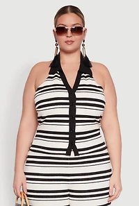 Womens Plus Size Striped Sleeveless Blouse with Halter Neck and Contrast Trim, Multi, Size 2X