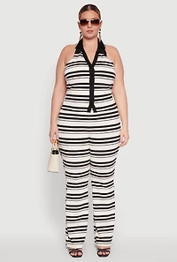 Womens Plus Size Striped Sleeveless Blouse with Halter Neck and Contrast Trim, Multi, Size 2X