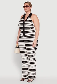 Womens Plus Size Striped Sleeveless Blouse with Halter Neck and Contrast Trim, Multi, Size 1X