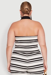 Womens Plus Size Striped Sleeveless Blouse with Halter Neck and Contrast Trim, Multi, Size 1X