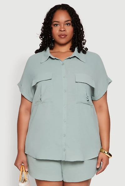 Womens Plus Airy Cargo Pocket Shirt,