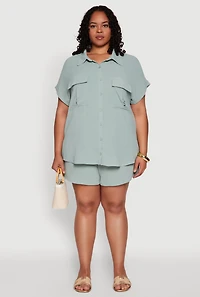 Womens Plus Size Airy Cargo Pocket Shirt, Green, Size 1X