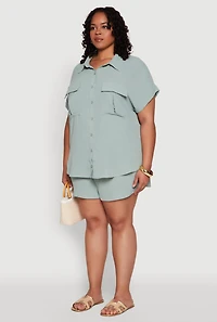 Womens Plus Size Airy Cargo Pocket Shirt, Green, Size 1X