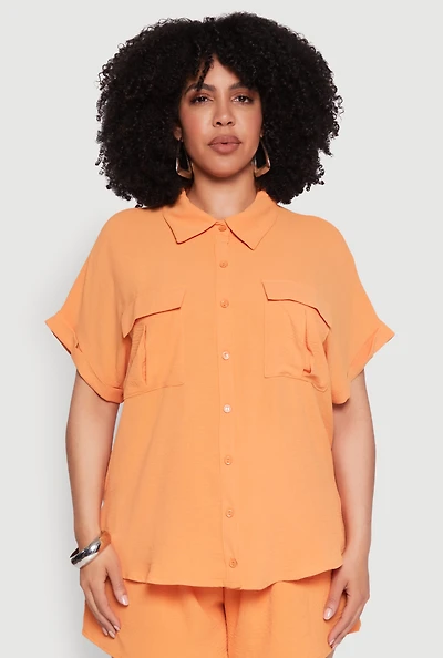 Womens Plus Size Airy Cargo Pocket Shirt, Orange, Size 1X