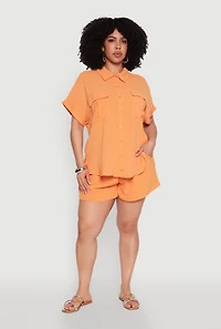 Womens Plus Airy Cargo Pocket Shirt, Orange,