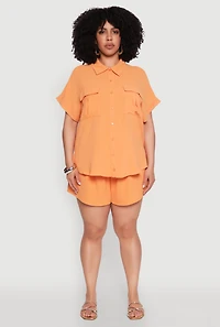 Womens Plus Airy Cargo Pocket Shirt, Orange,