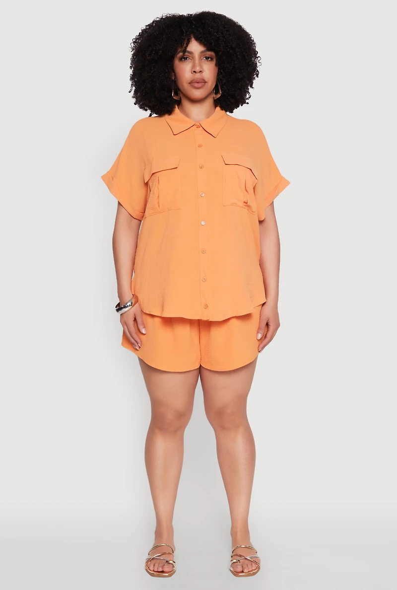 Womens Plus Size Airy Cargo Pocket Shirt, Orange, Size 2X