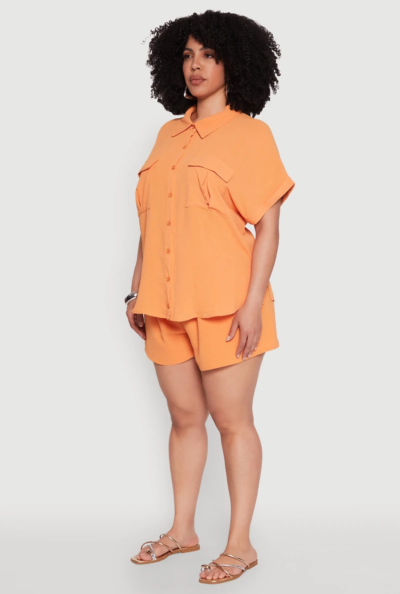 Womens Plus Airy Cargo Pocket Shirt, Orange,