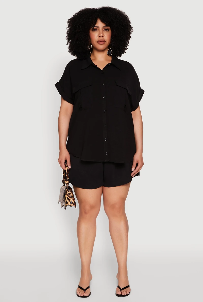 Womens Plus Size Airy Elastic Waist Shorts, Black, Size 1X