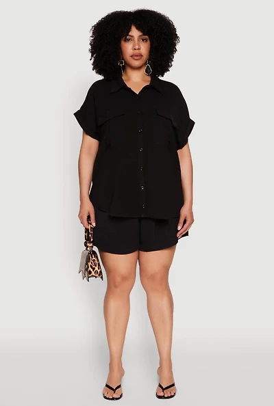 Womens Plus Size Airy Elastic Waist Shorts, Black, Size 1X