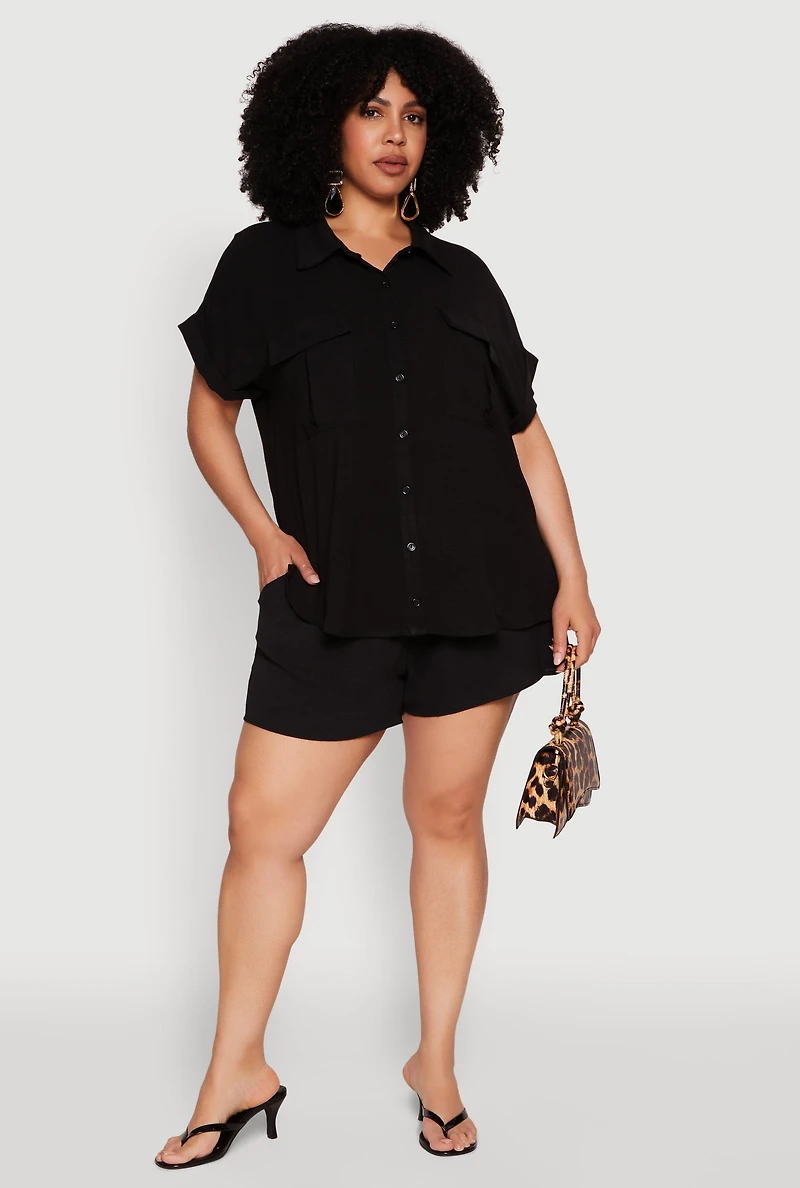 Womens Plus Size Airy Elastic Waist Shorts, Black, Size 1X