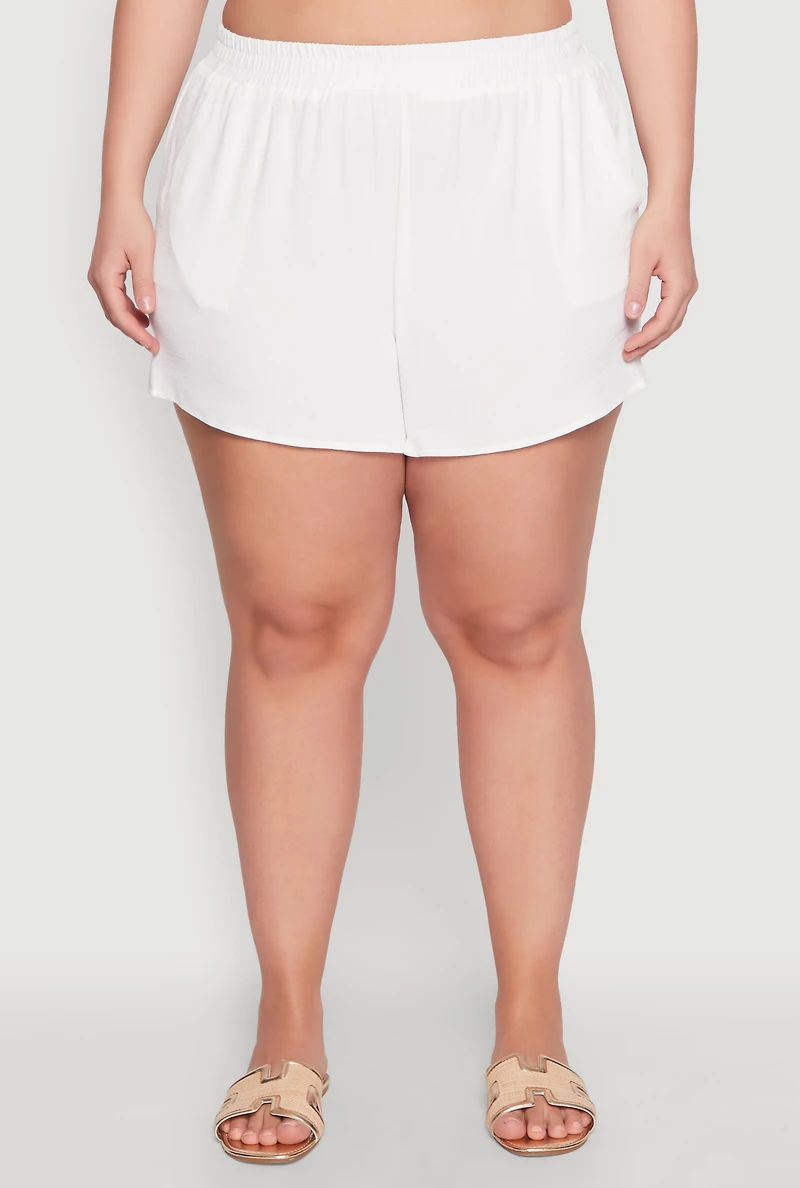 Womens Plus Size Airy Elastic Waist Shorts, White, Size 1X