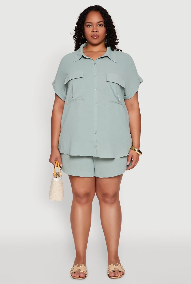 Womens Plus Size Airy Elastic Waist Shorts, Green, Size 2X