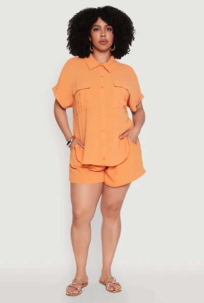 Womens Plus Size Airy Elastic Waist Shorts, Orange, Size 2X
