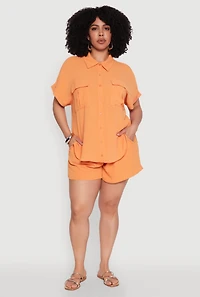 Womens Plus Airy Elastic Waist Shorts, Orange,