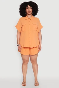 Womens Plus Airy Elastic Waist Shorts, Orange,