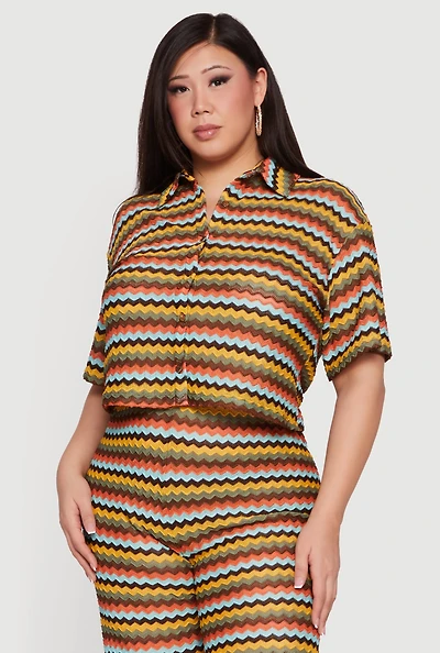 Plus Chevron Striped Button Front Short Sleeve Shirt