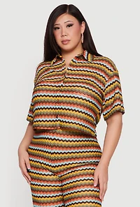 Plus Chevron Striped Button Front Short Sleeve Shirt