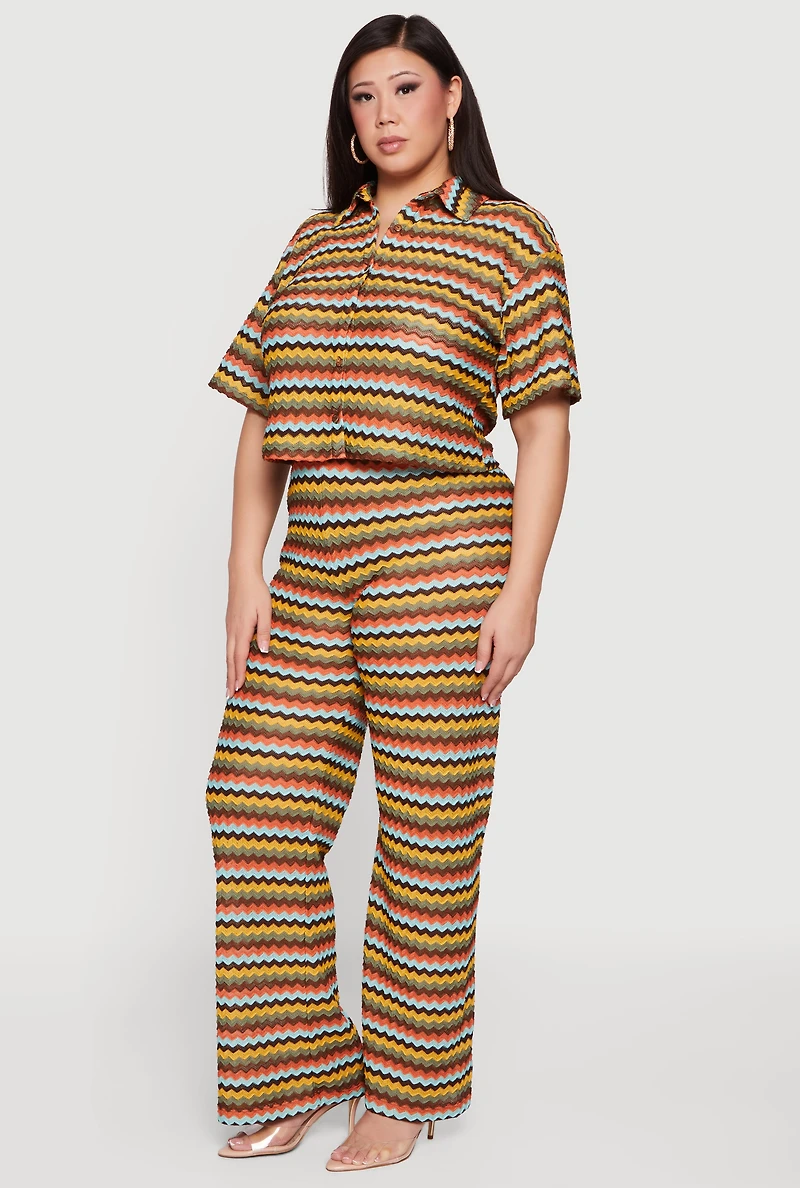 Plus Chevron Striped Button Front Short Sleeve Shirt