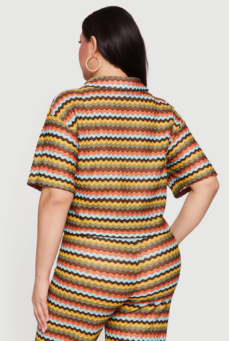 Plus Chevron Striped Button Front Short Sleeve Shirt