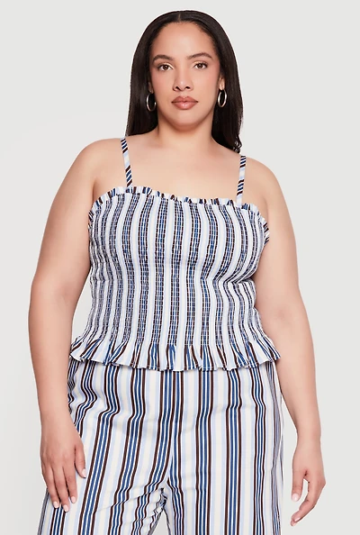 Plus Striped Smocked Cami with Ruffles