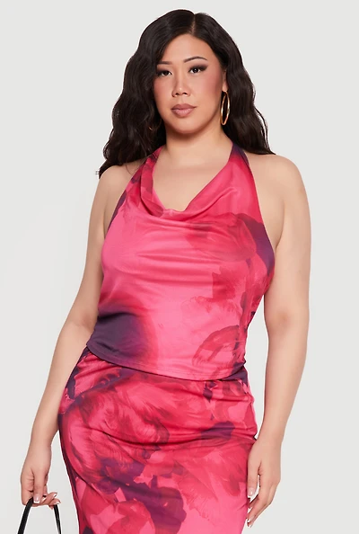 Plus Floral Print Cowl Neck Tie Back Halter Top