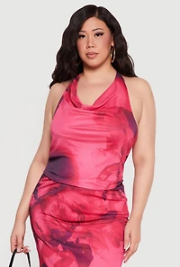 Plus Floral Print Cowl Neck Tie Back Halter Top