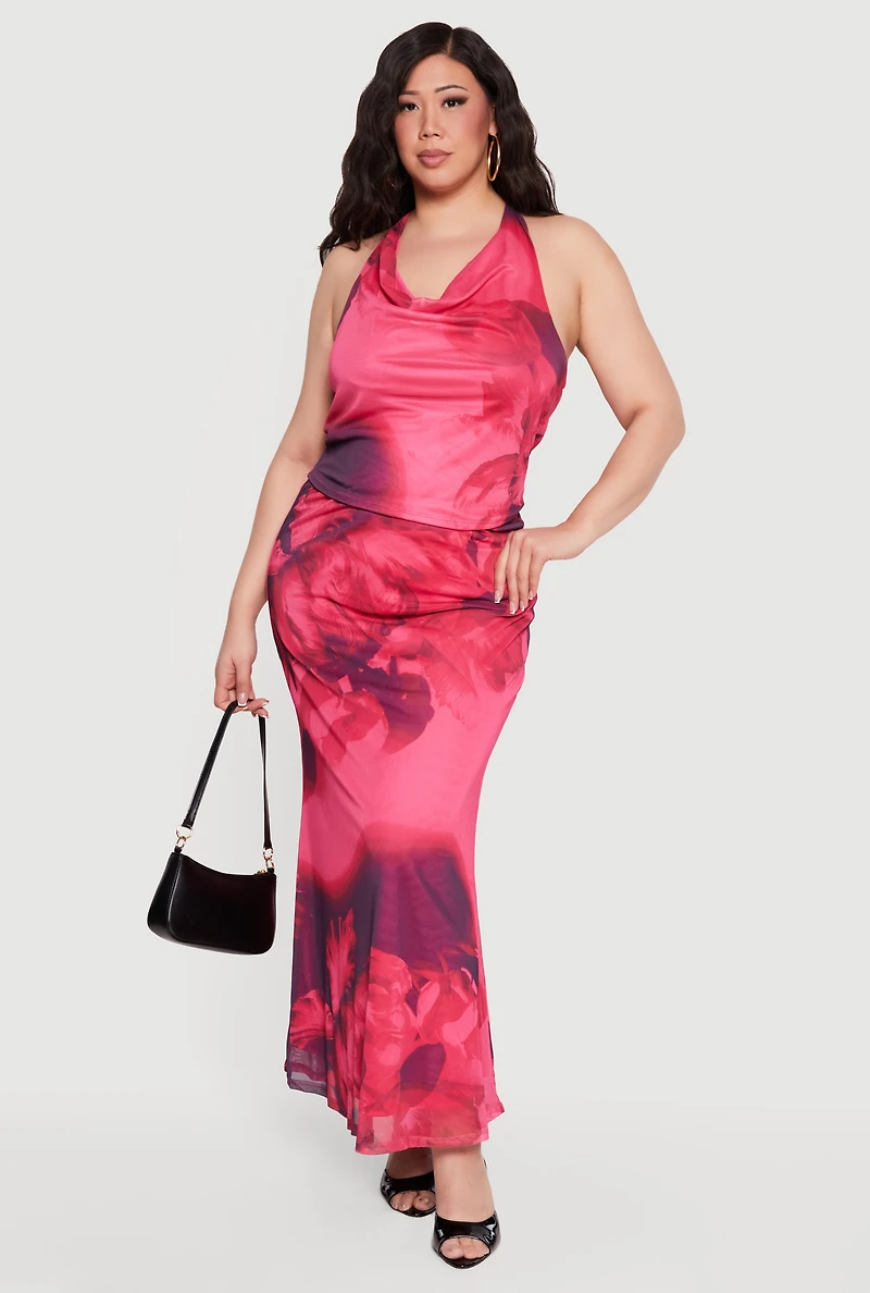 Plus Floral Print Cowl Neck Tie Back Halter Top