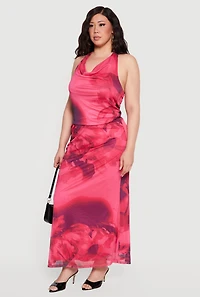 Plus Floral Print Cowl Neck Tie Back Halter Top