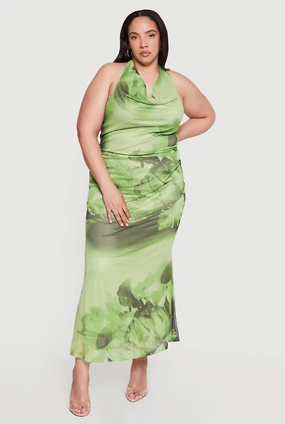 Plus Floral Mesh High Waisted Maxi Skirt
