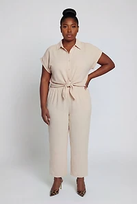 Plus Crepe Knit Tie Front Detail Button Shirt