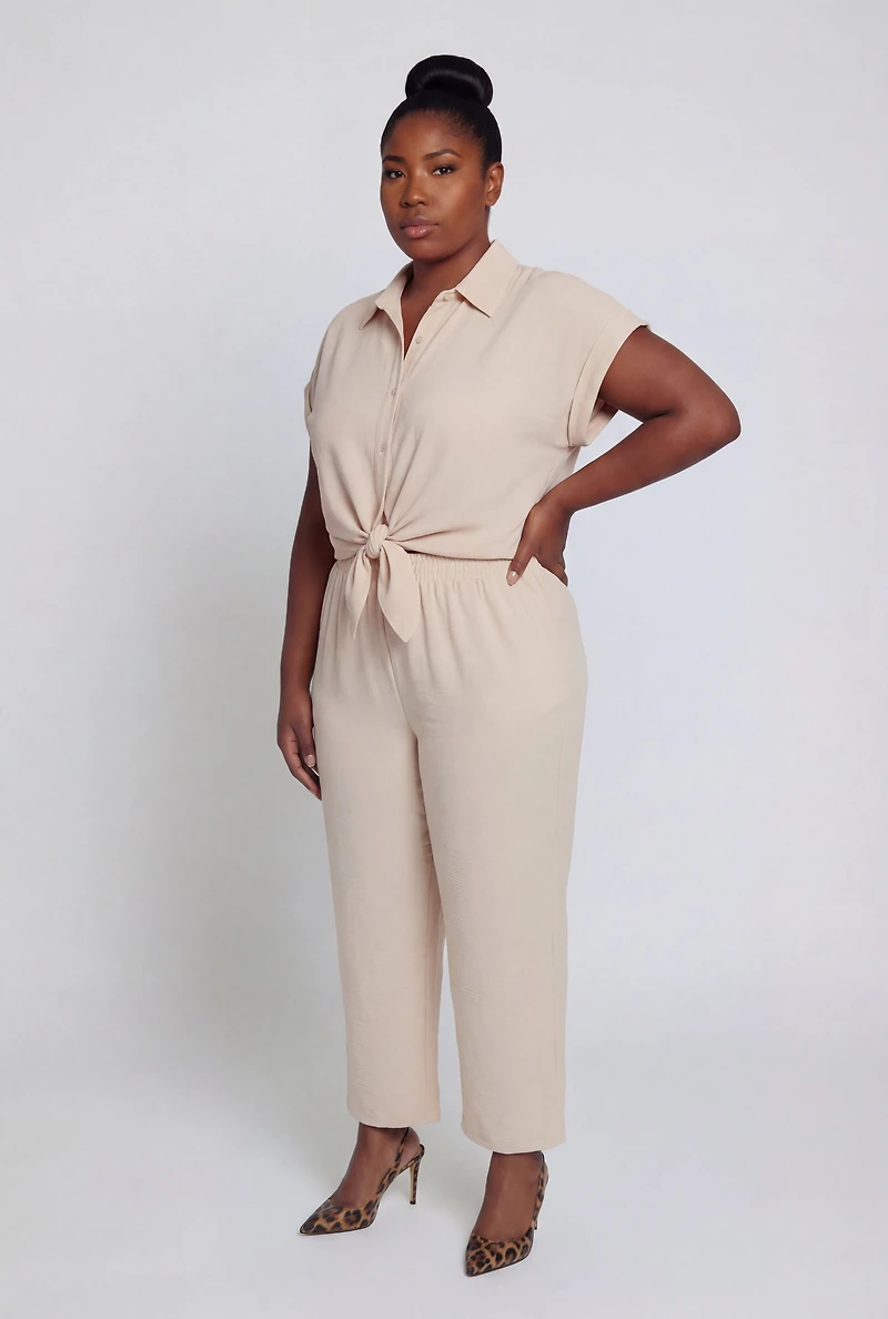 Plus Crepe Knit Tie Front Detail Button Shirt