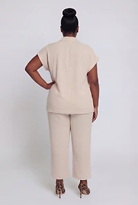 Plus Crepe Knit Tie Front Detail Button Shirt